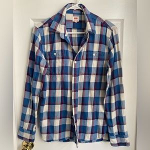 Levis Shirt Blue/Red/White Flannel Plaid Button Up Long Sleeve Mens - Size Small